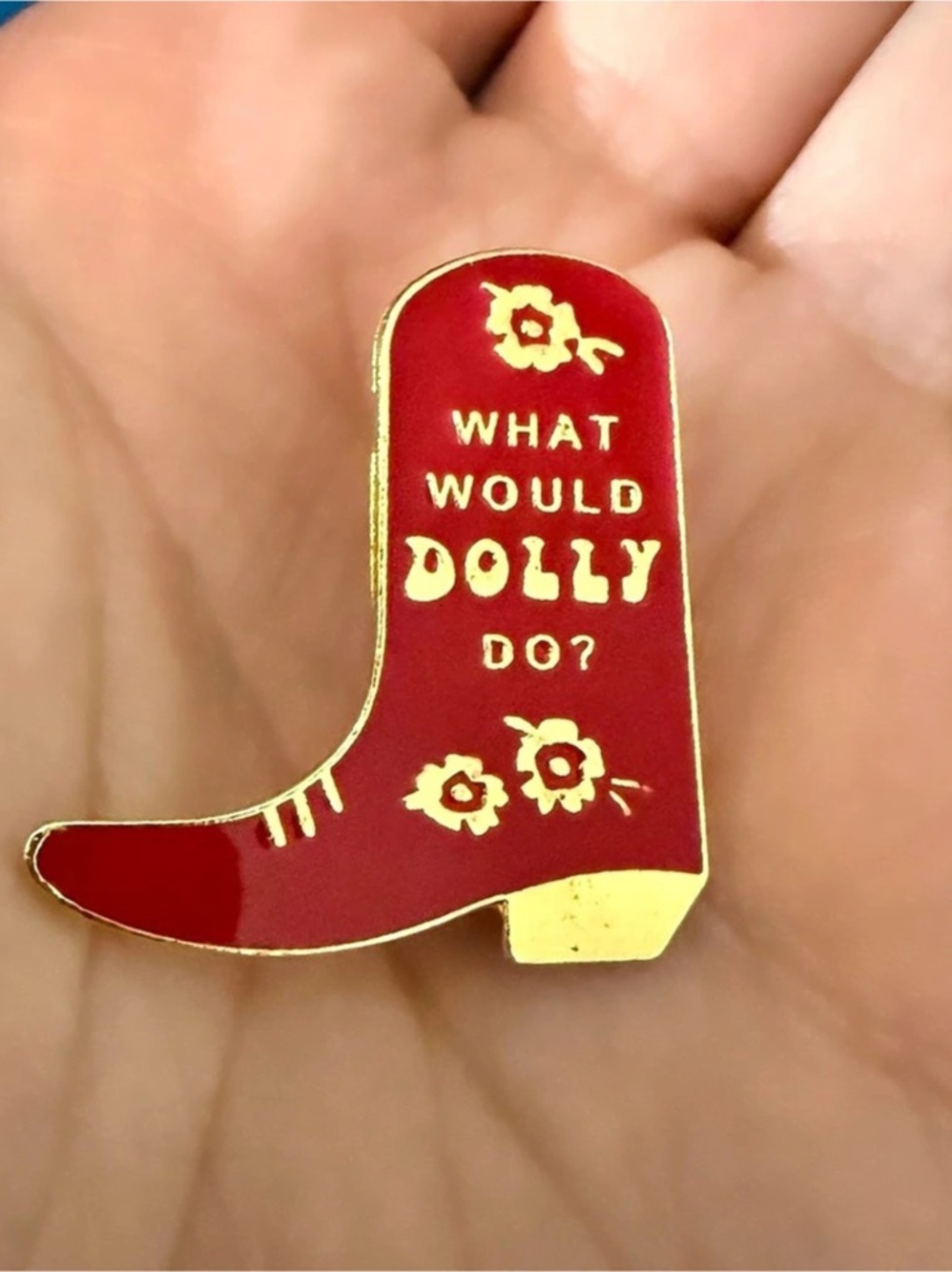 What Would Dolly Do Red Cowboy Boot Collectible Enamel Hat Vest Lapel Button Pin